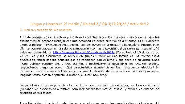 Lengua y Literatura 2 medio-Unidad 2-OA3;17;20;23-Actividad 2 Lengua y Literatura 2 medio-Unidad 2-OA3;17;20;23-Actividad 2
