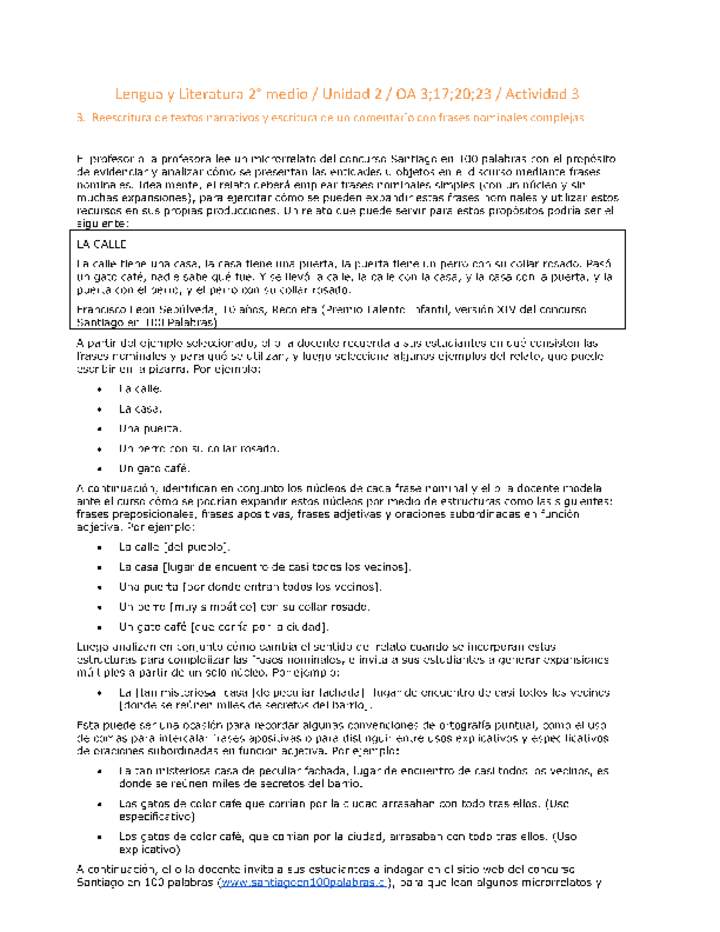 Lengua y Literatura 2 medio-Unidad 2-OA3;17;20;23-Actividad 3 Lengua y Literatura 2 medio-Unidad 2-OA3;17;20;23-Actividad 3