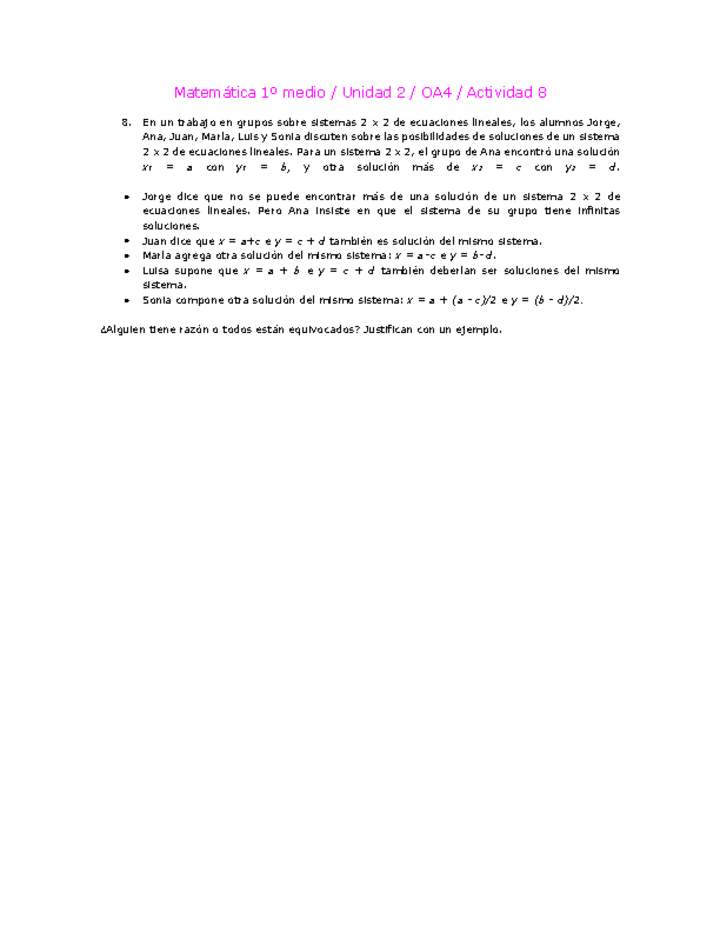 Matemática 1 medio-Unidad 2-OA4-Actividad 8 Matemática 1 medio-Unidad 2-OA4-Actividad 8