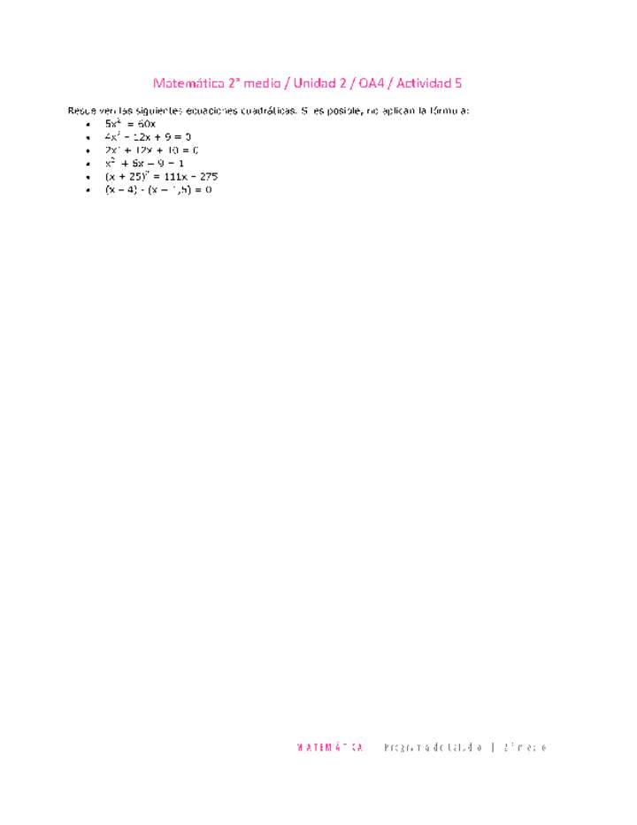 Matemática 2 medio-Unidad 2-OA4-Actividad 5 Matemática 2 medio-Unidad 2-OA4-Actividad 5