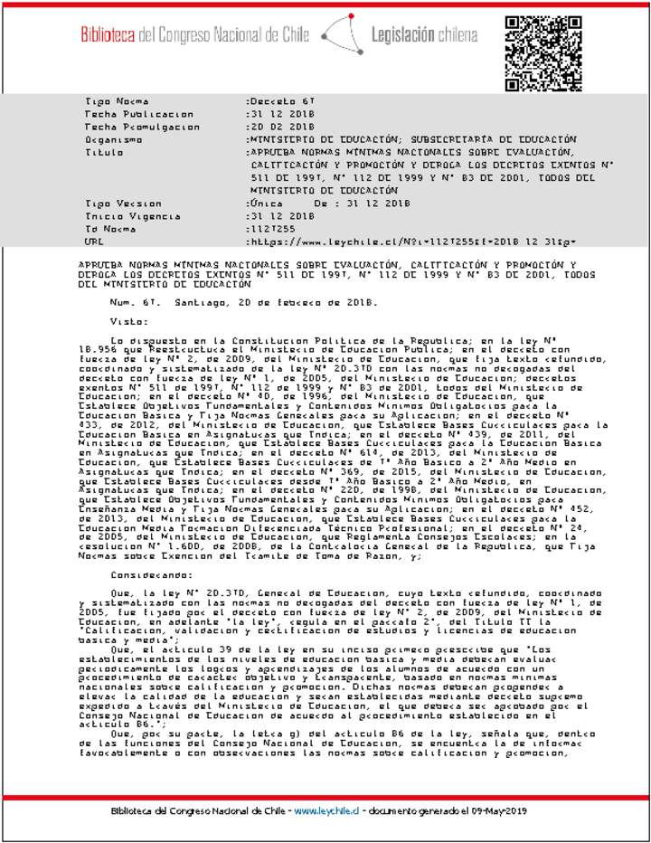 Decreto N° 67 Evaluación (tramitado 28 dic 2018) Decreto N° 67 Evaluación (tramitado 28 dic 2018)