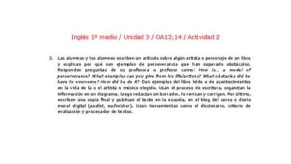 Inglés 1 medio-Unidad 3-OA13;14-Actividad 2 Inglés 1 medio-Unidad 3-OA13;14-Actividad 2