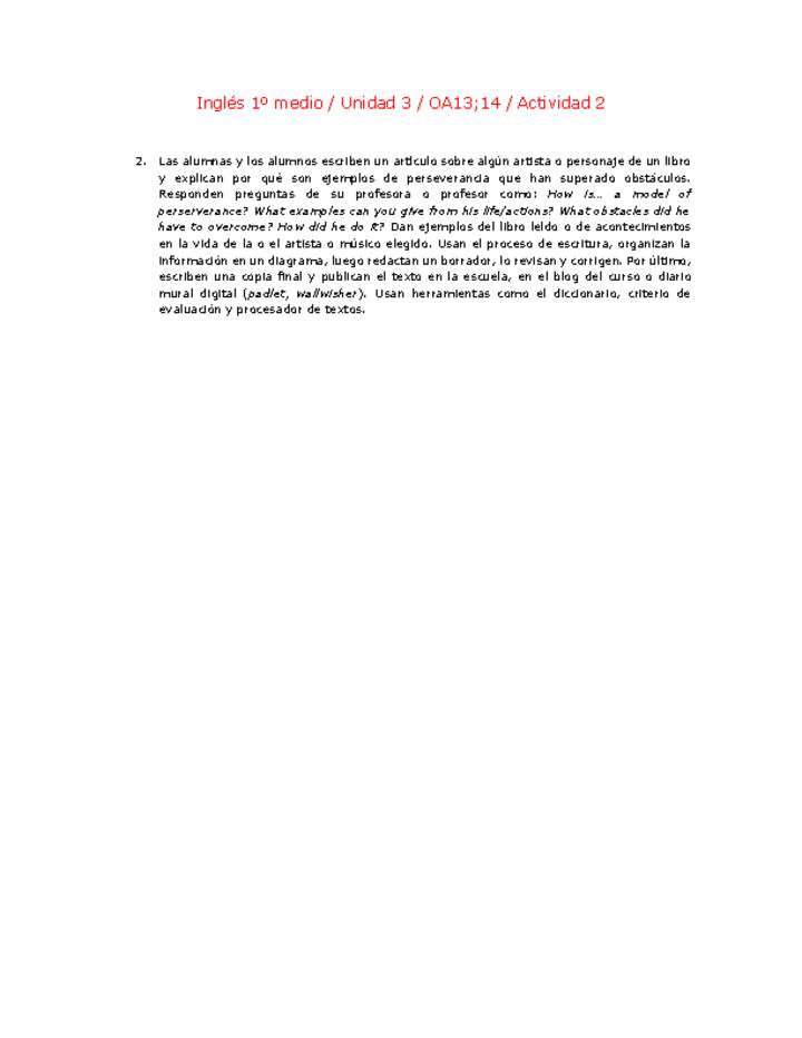 Inglés 1 medio-Unidad 3-OA13;14-Actividad 2 Inglés 1 medio-Unidad 3-OA13;14-Actividad 2