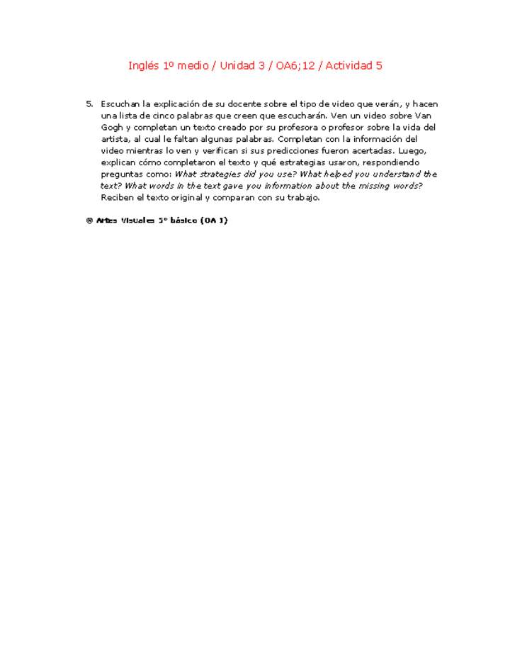 Inglés 1 medio-Unidad 3-OA6;12-Actividad 5 Inglés 1 medio-Unidad 3-OA6;12-Actividad 5