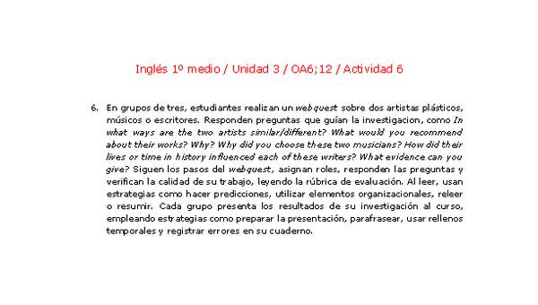 Inglés 1 medio-Unidad 3-OA6;12-Actividad 6 Inglés 1 medio-Unidad 3-OA6;12-Actividad 6