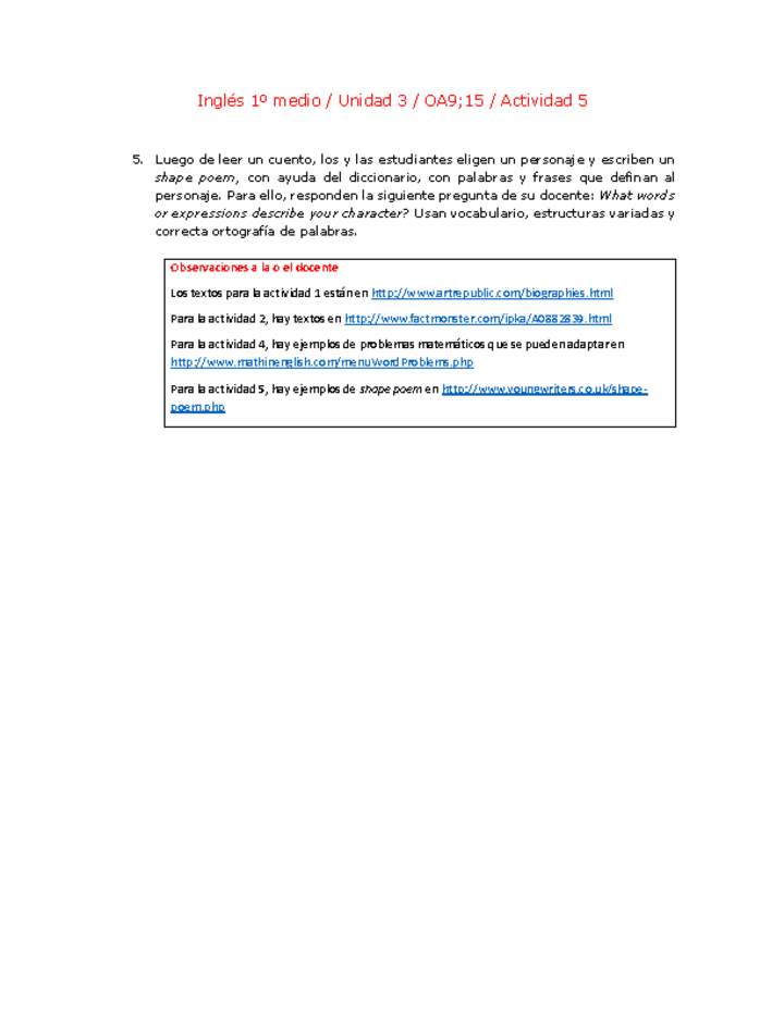 Inglés 1 medio-Unidad 3-OA9;15-Actividad 5 Inglés 1 medio-Unidad 3-OA9;15-Actividad 5