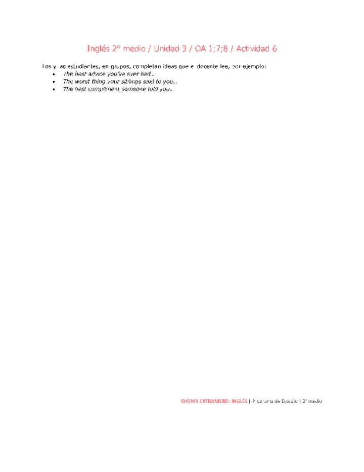 Inglés 2 medio-Unidad 3-OA1;7;8-Actividad 6 Inglés 2 medio-Unidad 3-OA1;7;8-Actividad 6