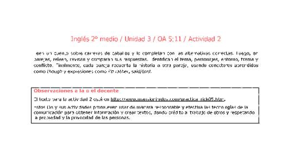 Inglés 2 medio-Unidad 3-OA5;11-Actividad 2 Inglés 2 medio-Unidad 3-OA5;11-Actividad 2
