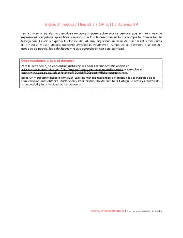 Inglés 2 medio-Unidad 3-OA5;11-Actividad 4 Inglés 2 medio-Unidad 3-OA5;11-Actividad 4
