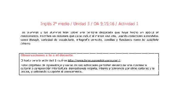 Inglés 2 medio-Unidad 3-OA9;15;16-Actividad 1 Inglés 2 medio-Unidad 3-OA9;15;16-Actividad 1