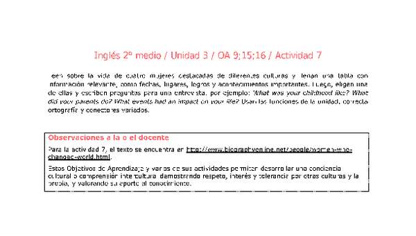 Inglés 2 medio-Unidad 3-OA9;15;16-Actividad 7 Inglés 2 medio-Unidad 3-OA9;15;16-Actividad 7