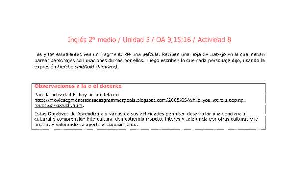 Inglés 2 medio-Unidad 3-OA9;15;16-Actividad 8 Inglés 2 medio-Unidad 3-OA9;15;16-Actividad 8