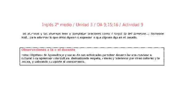 Inglés 2 medio-Unidad 3-OA9;15;16-Actividad 9 Inglés 2 medio-Unidad 3-OA9;15;16-Actividad 9