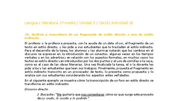 Lengua y Literatura 1 medio-Unidad 3-OA16-Actividad 18 Lengua y Literatura 1 medio-Unidad 3-OA16-Actividad 18