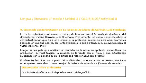 Lengua y Literatura 1 medio-Unidad 3-OA2,5,6,23-Actividad 8 Lengua y Literatura 1 medio-Unidad 3-OA2,5,6,23-Actividad 8