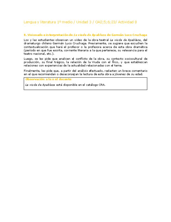 Lengua y Literatura 1 medio-Unidad 3-OA2,5,6,23-Actividad 8 Lengua y Literatura 1 medio-Unidad 3-OA2,5,6,23-Actividad 8