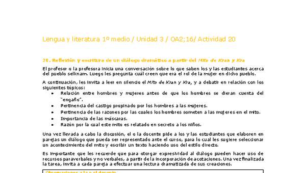 Lengua y Literatura 1 medio-Unidad 3-OA2;16-Actividad 20 Lengua y Literatura 1 medio-Unidad 3-OA2;16-Actividad 20