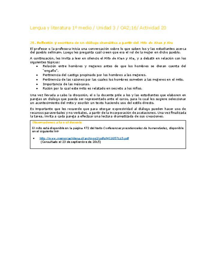 Lengua y Literatura 1 medio-Unidad 3-OA2;16-Actividad 20 Lengua y Literatura 1 medio-Unidad 3-OA2;16-Actividad 20