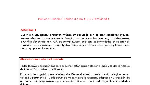 Artes Musicales 1 medio-Unidad 3-OA1;2;7-Actividad 1 Artes Musicales 1 medio-Unidad 3-OA1;2;7-Actividad 1