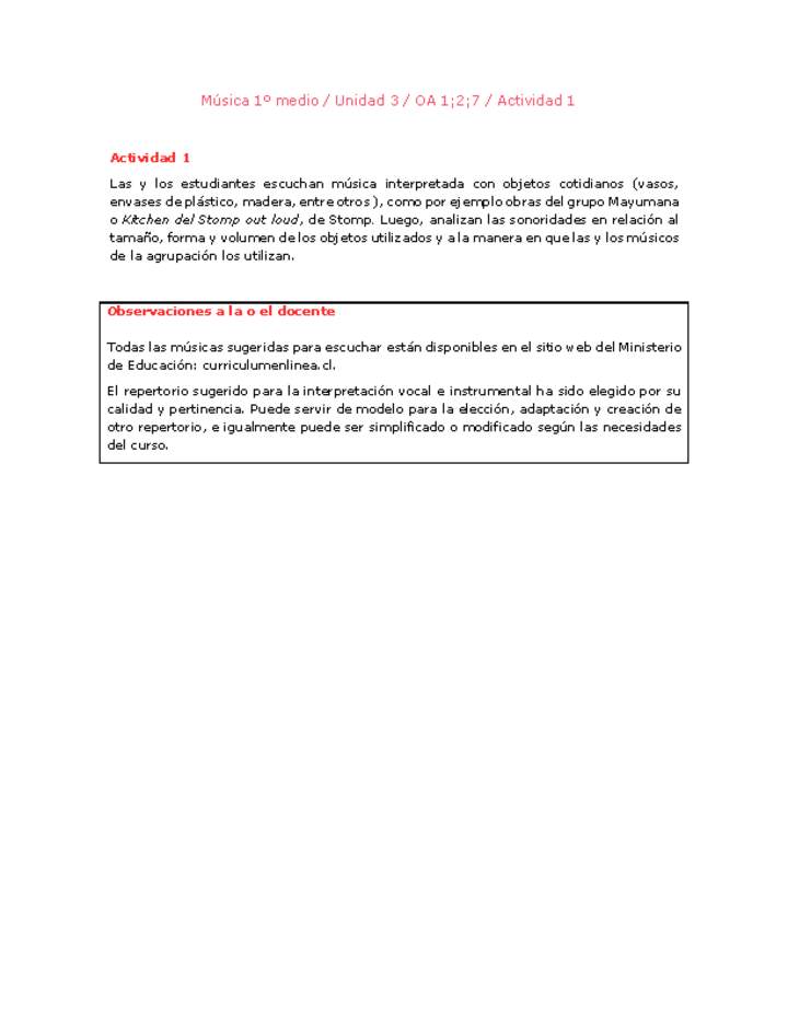 Artes Musicales 1 medio-Unidad 3-OA1;2;7-Actividad 1 Artes Musicales 1 medio-Unidad 3-OA1;2;7-Actividad 1