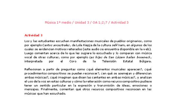 Artes Musicales 1 medio-Unidad 3-OA1;2;7-Actividad 3 Artes Musicales 1 medio-Unidad 3-OA1;2;7-Actividad 3