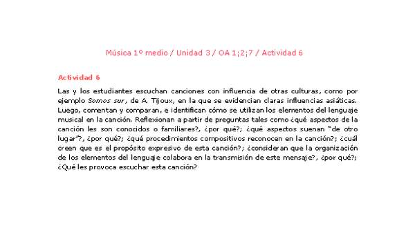 Artes Musicales 1 medio-Unidad 3-OA1;2;7-Actividad 6 Artes Musicales 1 medio-Unidad 3-OA1;2;7-Actividad 6
