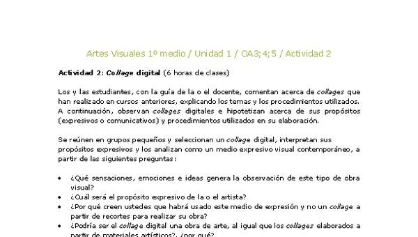 Artes Visuales 1 medio-Unidad 4-OA3;4;5-Actividad 2 Artes Visuales 1 medio-Unidad 4-OA3;4;5-Actividad 2