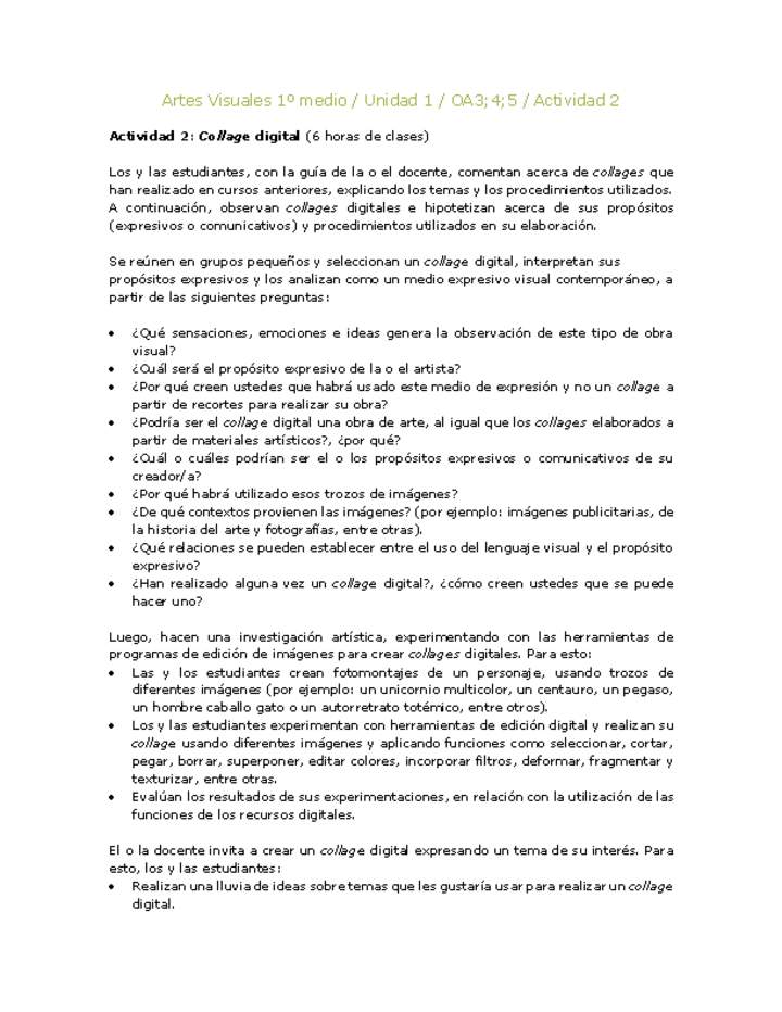 Artes Visuales 1 medio-Unidad 4-OA3;4;5-Actividad 2 Artes Visuales 1 medio-Unidad 4-OA3;4;5-Actividad 2