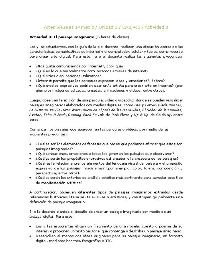 Artes Visuales 1 medio-Unidad 4-OA3;4;5-Actividad 3 Artes Visuales 1 medio-Unidad 4-OA3;4;5-Actividad 3