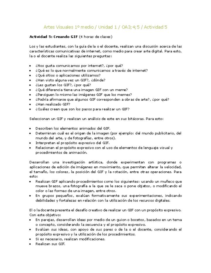 Artes Visuales 1 medio-Unidad 4-OA3;4;5-Actividad 5 Artes Visuales 1 medio-Unidad 4-OA3;4;5-Actividad 5