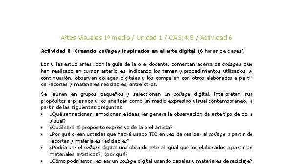 Artes Visuales 1 medio-Unidad 4-OA3;4;5-Actividad 6 Artes Visuales 1 medio-Unidad 4-OA3;4;5-Actividad 6