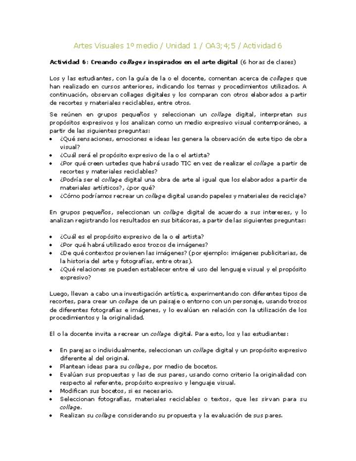 Artes Visuales 1 medio-Unidad 4-OA3;4;5-Actividad 6 Artes Visuales 1 medio-Unidad 4-OA3;4;5-Actividad 6