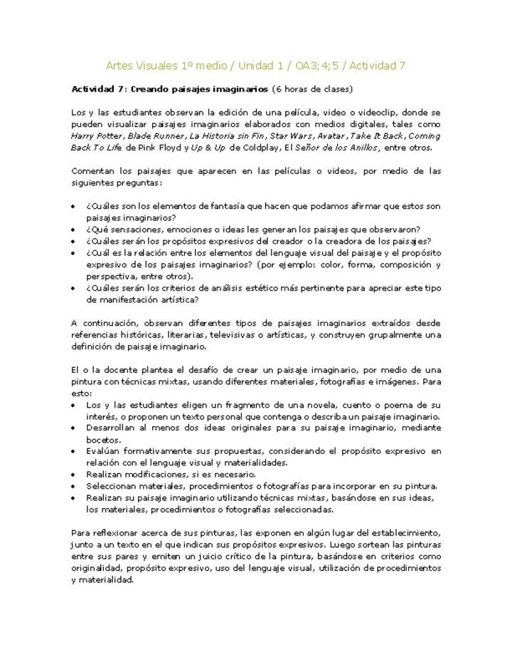 Artes Visuales 1 medio-Unidad 4-OA3;4;5-Actividad 7 Artes Visuales 1 medio-Unidad 4-OA3;4;5-Actividad 7