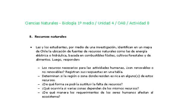 Ciencias Naturales 1 medio-Unidad 4-OA8-Actividad 8 Ciencias Naturales 1 medio-Unidad 4-OA8-Actividad 8