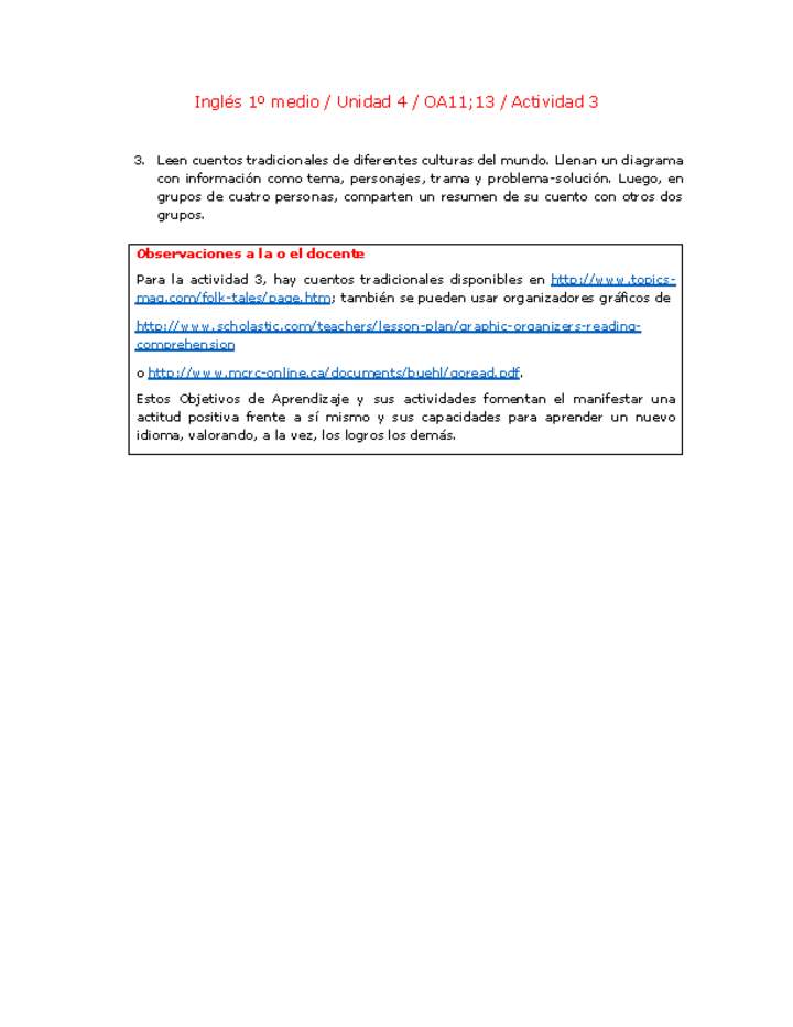 Inglés 1 medio-Unidad 4-OA11;13-Actividad 3 Inglés 1 medio-Unidad 4-OA11;13-Actividad 3