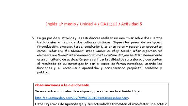 Inglés 1 medio-Unidad 4-OA11;13-Actividad 5 Inglés 1 medio-Unidad 4-OA11;13-Actividad 5