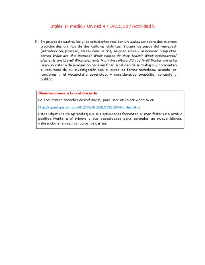 Inglés 1 medio-Unidad 4-OA11;13-Actividad 5 Inglés 1 medio-Unidad 4-OA11;13-Actividad 5