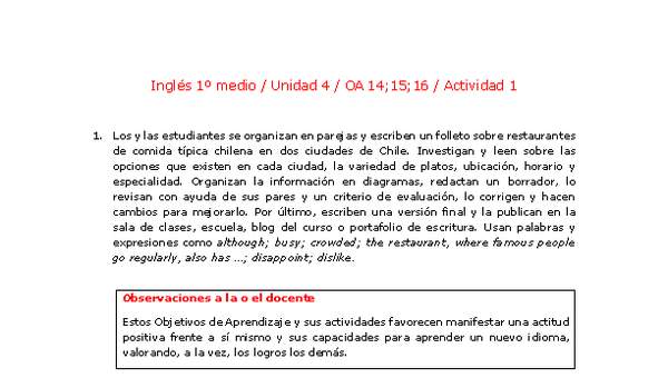 Inglés 1 medio-Unidad 4-OA14;15;16-Actividad 1 Inglés 1 medio-Unidad 4-OA14;15;16-Actividad 1