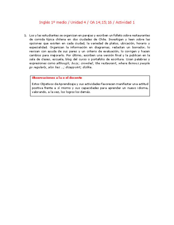 Inglés 1 medio-Unidad 4-OA14;15;16-Actividad 1 Inglés 1 medio-Unidad 4-OA14;15;16-Actividad 1