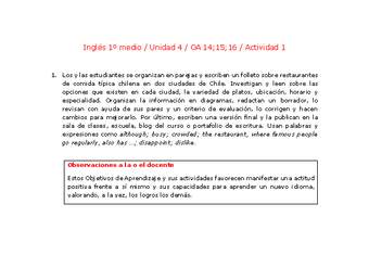 Inglés 1 medio-Unidad 4-OA14;15;16-Actividad 1 Inglés 1 medio-Unidad 4-OA14;15;16-Actividad 1