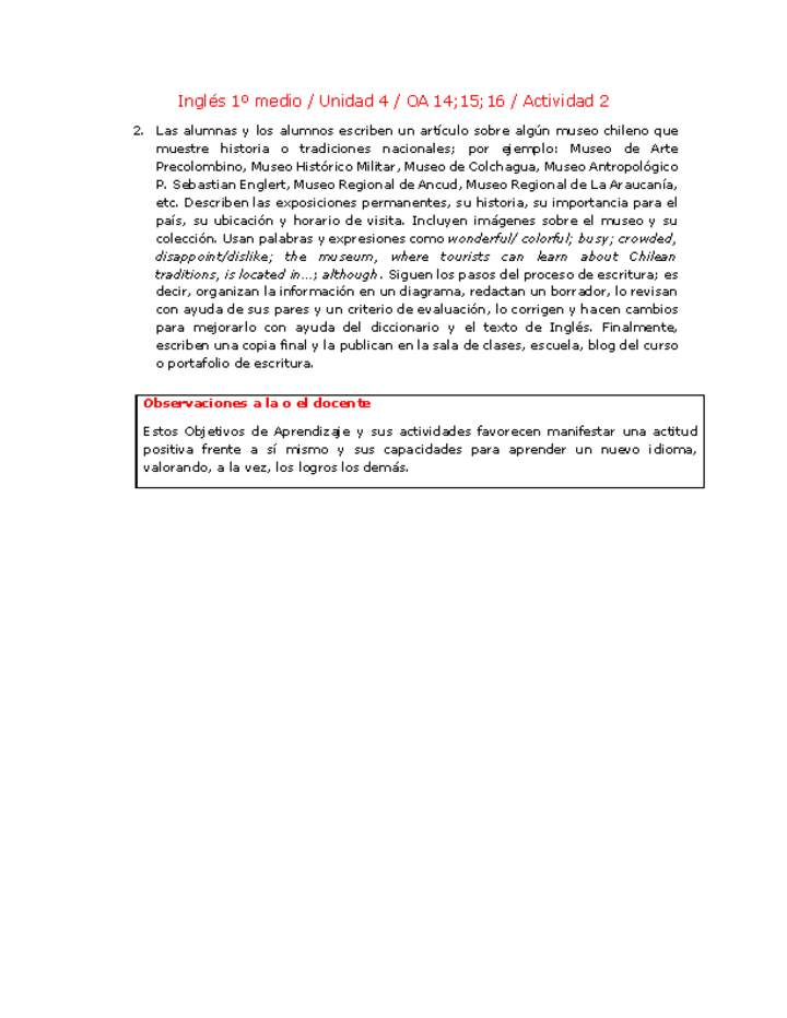 Inglés 1 medio-Unidad 4-OA14;15;16-Actividad 2 Inglés 1 medio-Unidad 4-OA14;15;16-Actividad 2