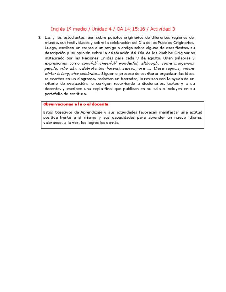Inglés 1 medio-Unidad 4-OA14;15;16-Actividad 3 Inglés 1 medio-Unidad 4-OA14;15;16-Actividad 3