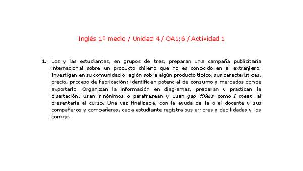 Inglés 1 medio-Unidad 4-OA1;6-Actividad 1 Inglés 1 medio-Unidad 4-OA1;6-Actividad 1