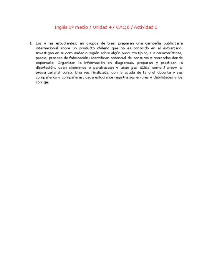 Inglés 1 medio-Unidad 4-OA1;6-Actividad 1 Inglés 1 medio-Unidad 4-OA1;6-Actividad 1