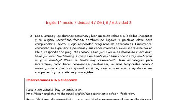 Inglés 1 medio-Unidad 4-OA1;6-Actividad 3 Inglés 1 medio-Unidad 4-OA1;6-Actividad 3