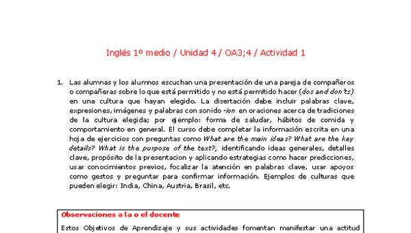 Inglés 1 medio-Unidad 4-OA3;4-Actividad 1 Inglés 1 medio-Unidad 4-OA3;4-Actividad 1