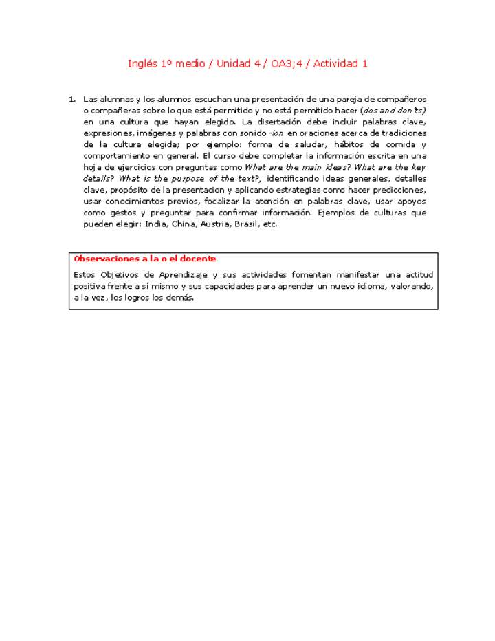 Inglés 1 medio-Unidad 4-OA3;4-Actividad 1 Inglés 1 medio-Unidad 4-OA3;4-Actividad 1