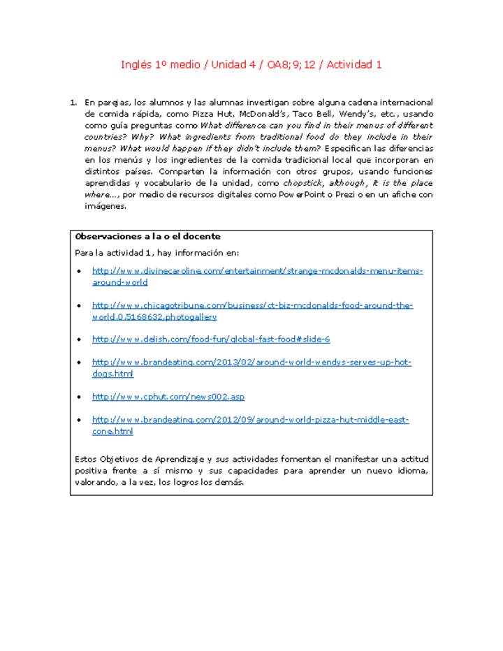 Inglés 1 medio-Unidad 4-OA8;9;12-Actividad 1 Inglés 1 medio-Unidad 4-OA8;9;12-Actividad 1