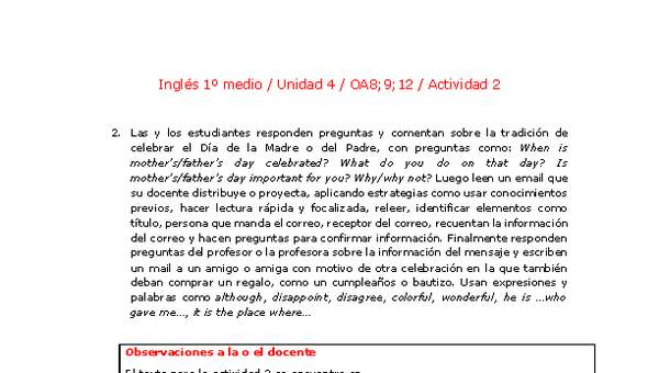 Inglés 1 medio-Unidad 4-OA8;9;12-Actividad 2 Inglés 1 medio-Unidad 4-OA8;9;12-Actividad 2