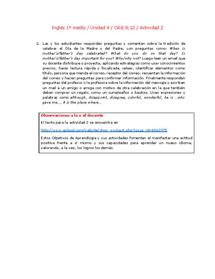 Inglés 1 medio-Unidad 4-OA8;9;12-Actividad 2 Inglés 1 medio-Unidad 4-OA8;9;12-Actividad 2
